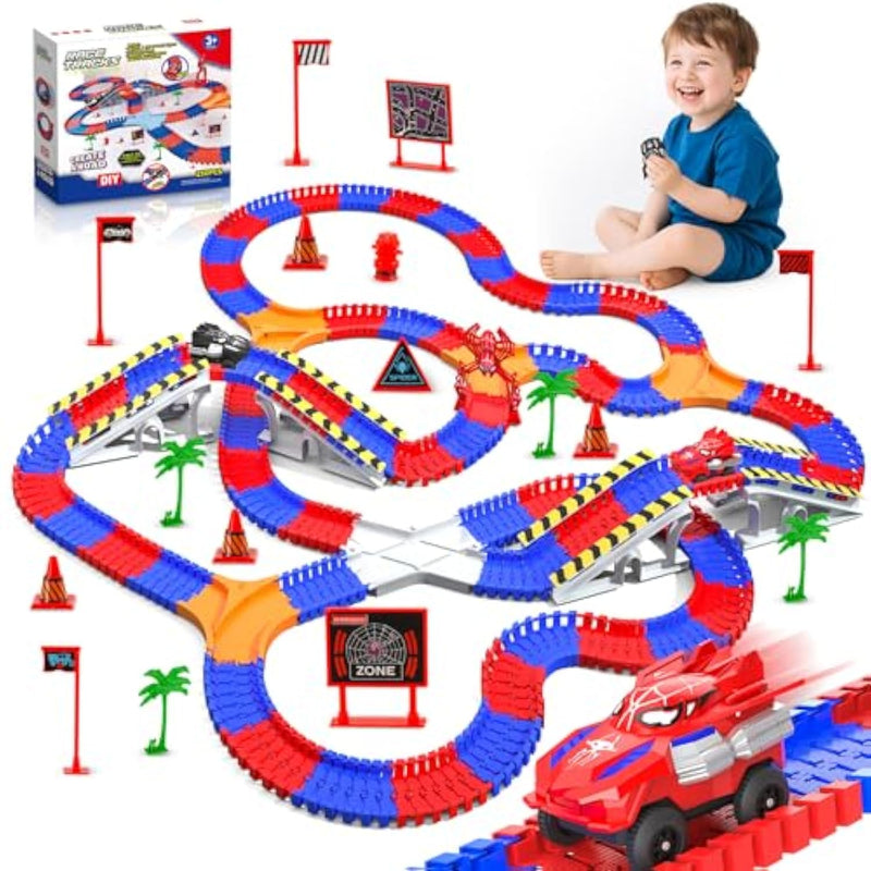 Spider Toys For Boys 3-4, 250 Pcs Flexible Road Race Track Playset With 2 Monster Cars For 3 4 5 6 Year Old Flex Ready Ramp Playsets Car Truck For Kids Toddler Age 3-6 3-5 4-6 4-7 Birthday Gifts