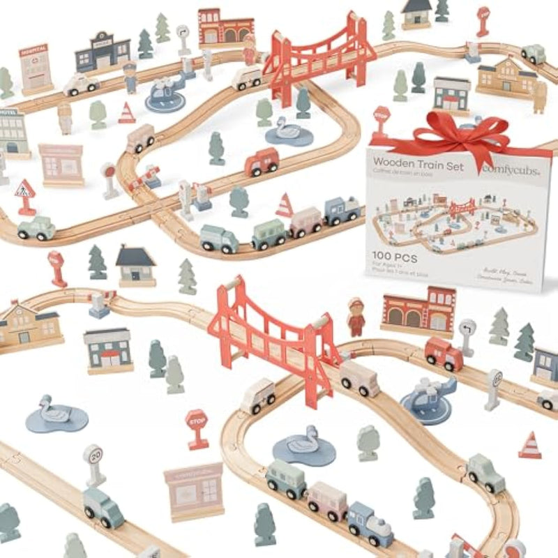 100-Piece Wooden Train Set For Toddlers Ages 1+, Fun & Eco Friendly Toddler Train Set With Wooden Toy Tracks - Creative Toy Town Promoting Imaginative Play With Flexible Configuration