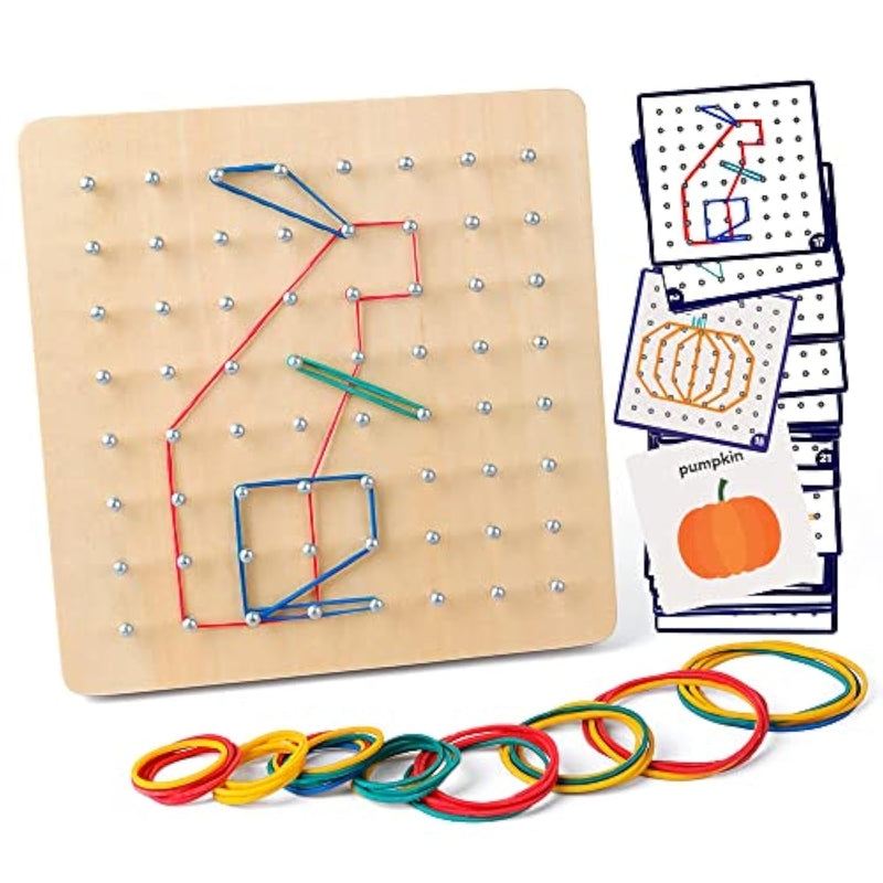 Wooden Geoboard Mathematical Manipulative Material Array Block Geo Board – Graphical Educational Toys With 30Pcs Pattern Cards And Latex Bands Shape Stem Puzzle Matrix 8X8 Brain Teaser For Kid