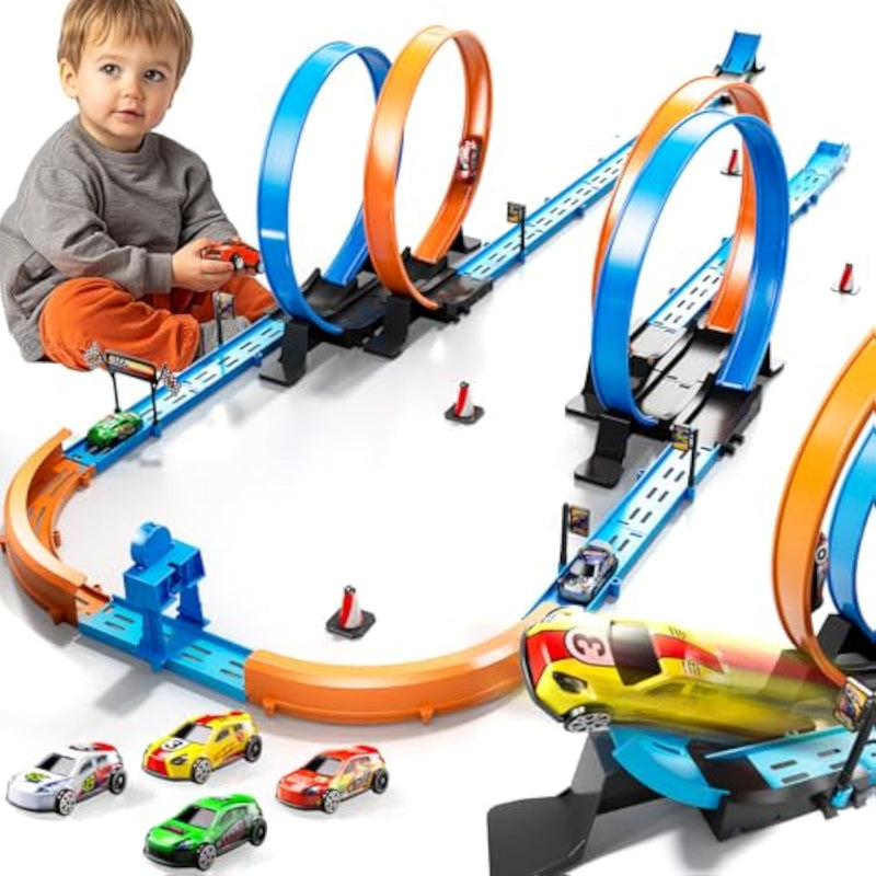 Toy Car Track Gift Set For Boys Kids Age 3-5 4-7 8-12, Long Race Tracks With 4 Action Loops And 4 High-Speed Slot Die-Cast Race Cars, 35+ Pieces Race Tracks To Create Multiple Configurations