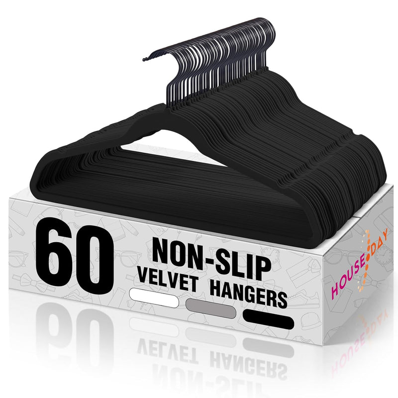 Black Velvet Hangers 60 Pack, Velvet Clothes Hangers Non Slip Felt Hangers, Heav