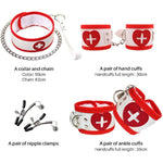 Bdsm Bed Restraints Kits Sex Bondage Sets Sex Toys Play For Couples With Handcuffs Ankle Cuff Collar Leash Ball Gag Solid Leather Cross Strap Feather (Red)