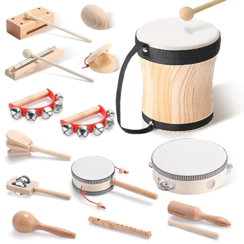 Toddler Musical Instruments Set 13 Pcs Montessori Wooden Percussion Instruments With Drum Preschool Educational Baby Early Learning Music Toys Set For Little Boys Girls Kids Children Gifts