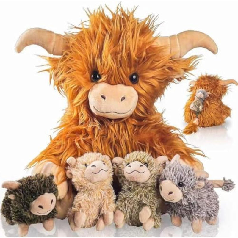 5 Pcs Highland Cow Stuffed Animal 14" Large Realistic Fluffy Stuffed Highland Cow Plush Toy With 4 Babies Baby Calves, Scottish Highland Cows Decor Gifts For Kids Girls Boys Birthday
