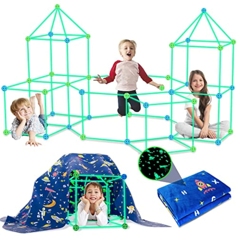 160Pcs Kids Fort Building Kit Glow In The Dark Build A Fort With Blanket Stem Educational Toys For 4 5 6 7 8 9 10 11 12 Years Boys Girls Ultimate Construction Gift Diy Forts Builder Set Indoor Outdoor