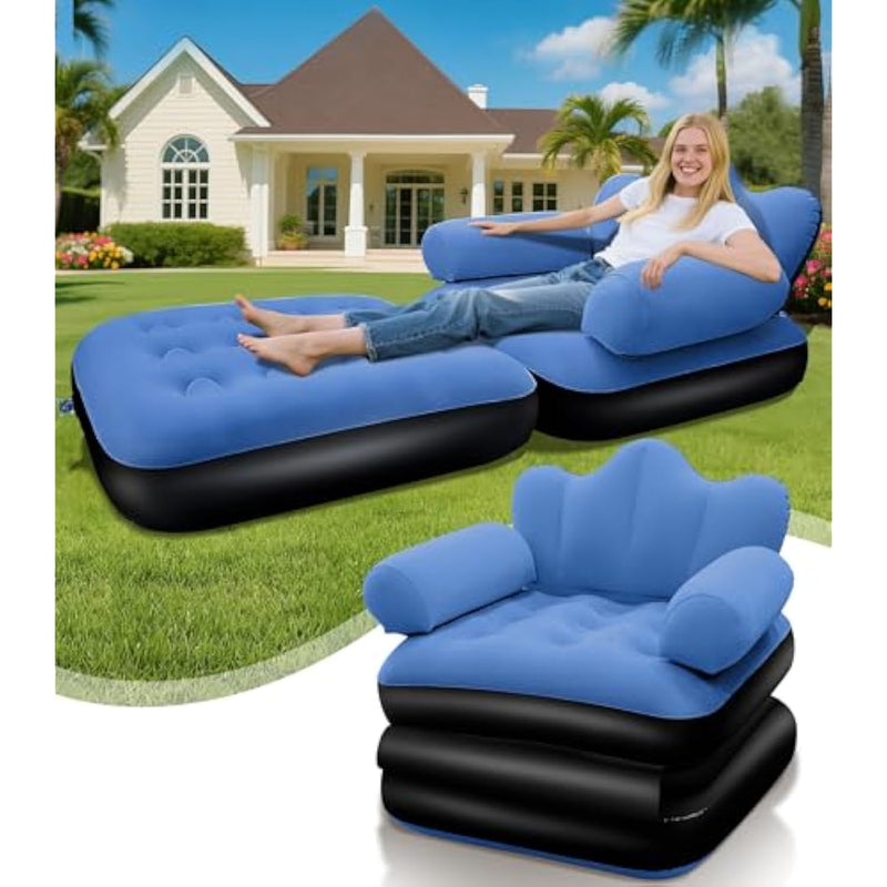 Blow Up Pull Out Couch With Headboard,Inflatable Couch With Flocked Surface,Folding Inflatable Chair For Adults,Portable Air Sofa Bed,Durable Air Couches,Inflatables Couches For Camping-1Pc