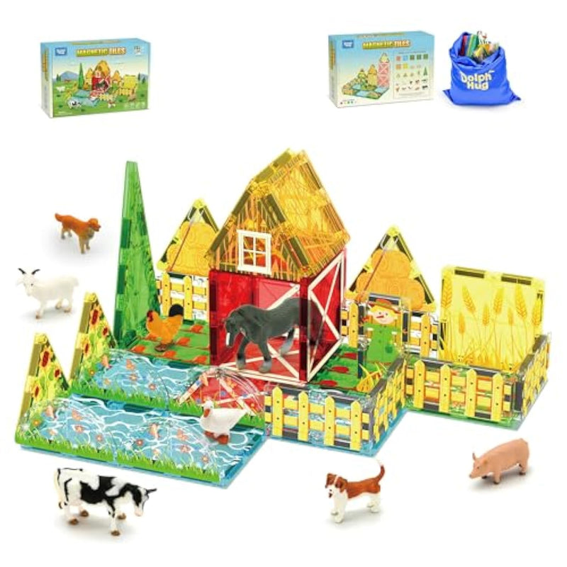 Farm Magnetic Tiles Toys Set - 44Pcs Stem Educational Toys With Animals, Montessori Learning Toys For Kids, & Preschool Toddlers 3D Magnets Building Blocks, Ideal Gift For Boys Girls Ages 3-5 4-8 5-7