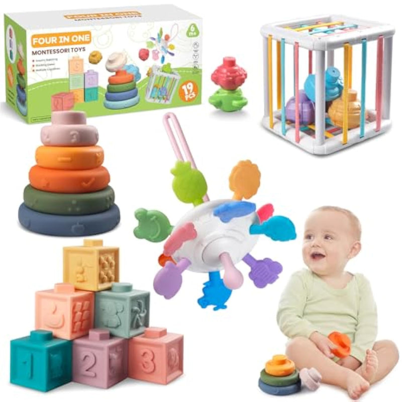 Montessori Baby Toys - Pull String Teether, Stacking Blocks, Sensory Shapes Storage Bin, Infant Bath Time Fun, 4 In 1 Toddlers Toy For Baby Boys Girls