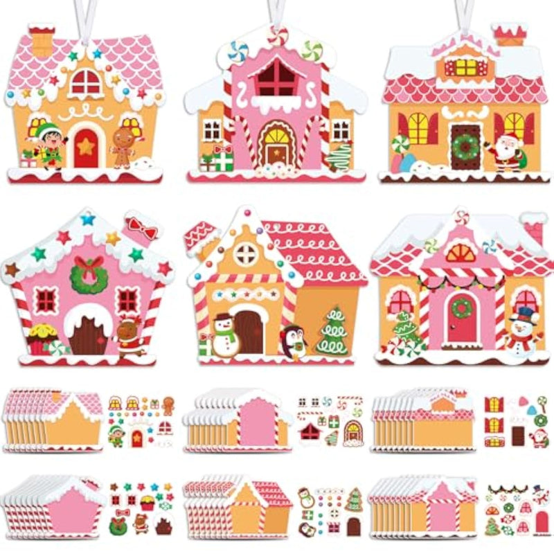 48 Pcs Pink Gingerbread House Christmas Craft Kits, DIY Tree Ornaments for Kids
