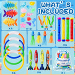 35Pcs Pool Diving Swimming Toys, Summer Underwater Game Toys With Pool Fishes Dive Sticks Rings Gems Storage Bag For Kids Swim Birthday Party Favors