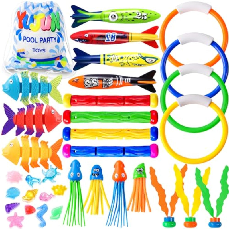 35Pcs Pool Diving Swimming Toys, Summer Underwater Game Toys With Pool Fishes Dive Sticks Rings Gems Storage Bag For Kids Swim Birthday Party Favors