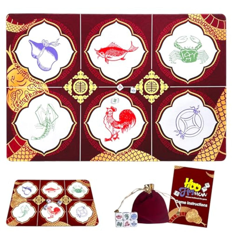 Bau Cua Ca Cop Game Set - Luxury 19.7"X27.5" Mat With 6 Dice, Asian Gambling Game For Lunar New Year, Family Gatherings & Parties, Fun Cultural Dice Game For Adults & Kids