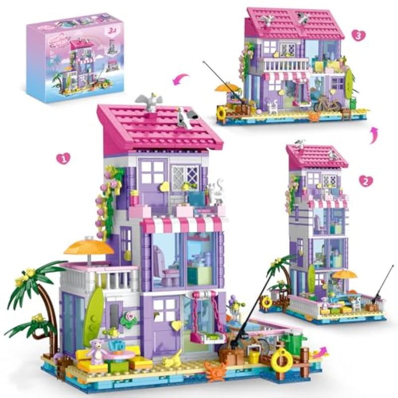 3 In 1 Pink Girls Beach House Building Set With Light, Seaside Villa Friends Building Toys, Compatible With Lego Friends Construction Educational Toy For Adults Kids Age 8-12 And Up (961 Pcs)