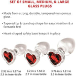 Red Heart Gem Glass Plug Set, 3 Piece Anal Training Kit With Small Medium And Large Plugs, Tapered Tip For Easy Entry, Non Porous Glass For Temperature Play, Waterproof, Safe With Any Lubes