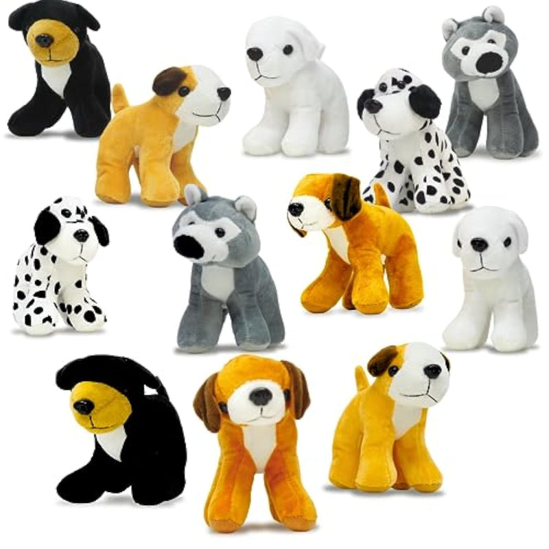 Plush Dogs Animals (12 Pack) Assorted Stuffed Puppies - 5 Inches, Small Plushed Animals, 6 Designs - For Birthday Party Favors Gifts For Kids