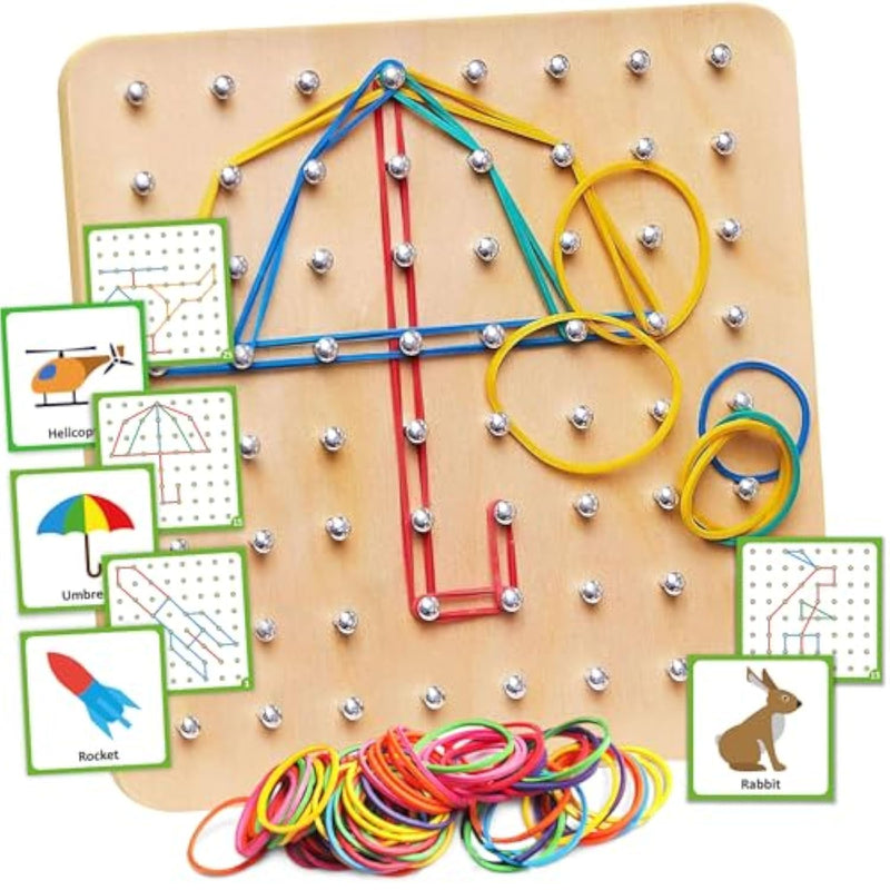 Wooden Geoboard - Montessori Toys For 3 4 5 Year Old Kids And Toddlers, Educational Toy With 30 Pattern Cards And 40 Rubber Bands To Create Figures, Brain Teaser Stem Toy Geo Board