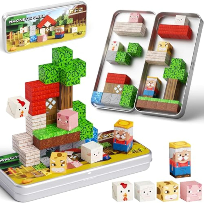 Mini Magnetic Blocks Farm Animals - 35 Pcs Travel Magnet Building Blocks For Toddlers - Stem Educational Magnet Toys With Portable Iron Box For Kids Ages 3-8 Years Old Boys & Girls