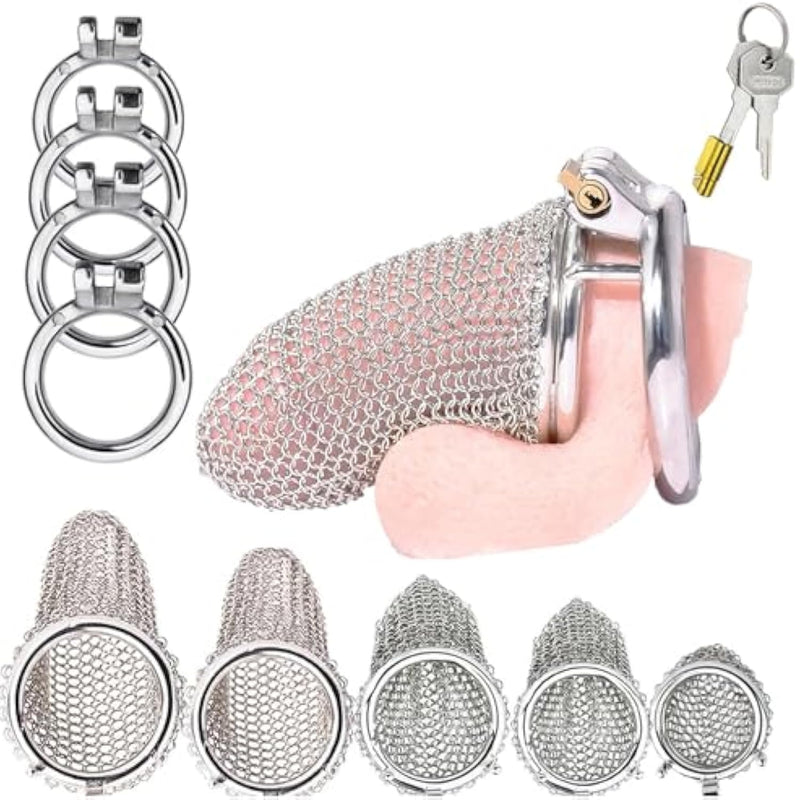 Sm Stainless Steel Penis Cage, Mesh Penis Cage With 4 Cock Rings Male Chastity Devices Set, Bdsm Restraint Penis Chastity Belt Lock Cock Cage, Adult Bondage Game Sex Toy (L, Round Ring 45Mm)