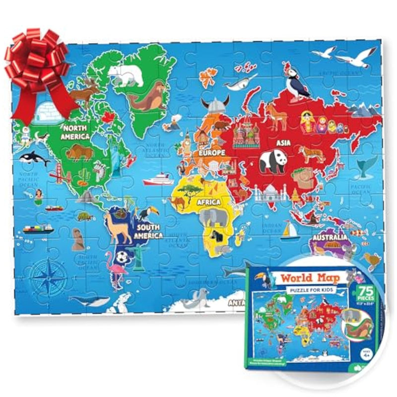 World Map Puzzle For Kids - 75 Piece - World Puzzles With Continents - Childrens Jigsaw Geography Puzzles For Kids Ages 4-8, 5, 6, 7, 8-10 Year Olds - Puzzle Maps Educational Toys For 4+ Year Old