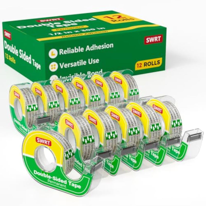 Double-Sided Craft Tape, 12 Pack with Dispensers, 1/2 in x 300 in