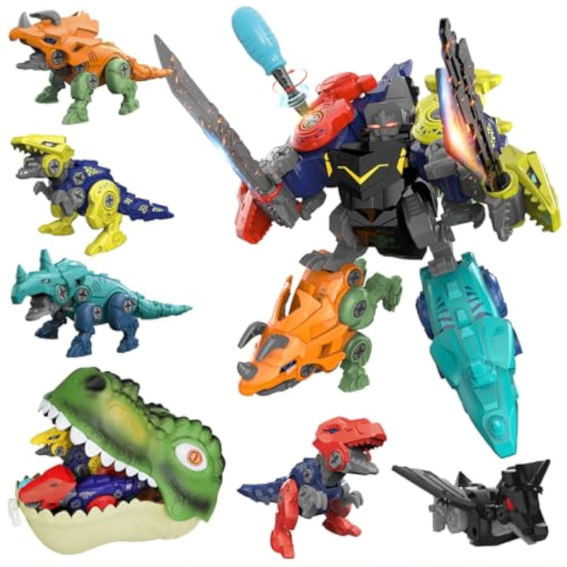 5-In-1 Dinosaur Transformer Toys For Kids - Build & Combine Dino Robot Set With Storage Head, Stem Construction Toy, Birthday For Boys Ages 3 4 5 6 7 8