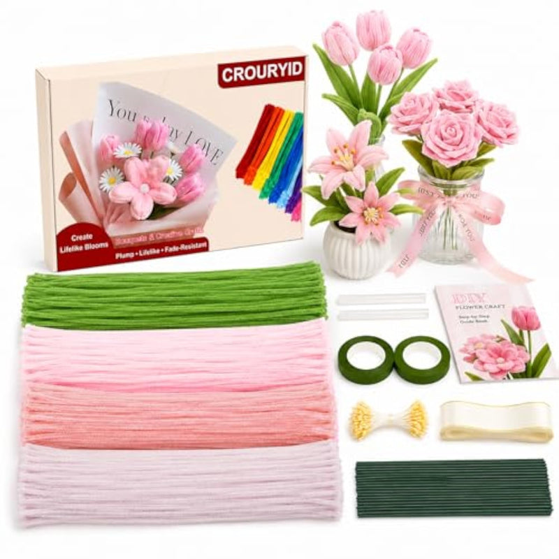 400 Pcs Pipe Cleaner Flower Kit, 8mm Chenille Stems for DIY Crafts
