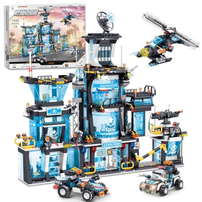 City Police Station Building Set With Police Car & Helicopter,1430Pcs Building Block Toy For Boys 8-12