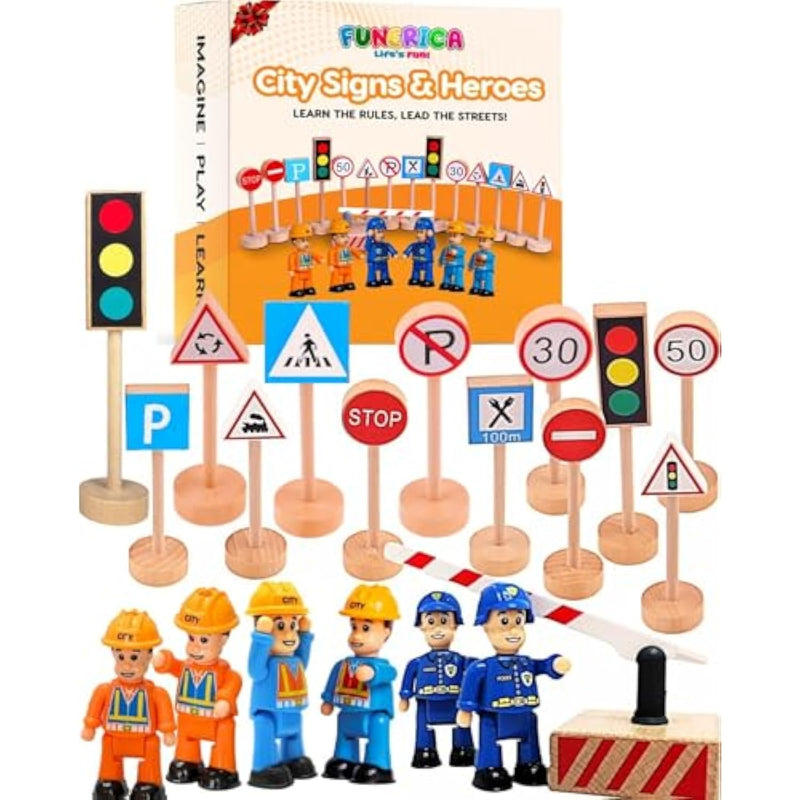 20-Piece Set Wooden Road Signs For Kids – Traffic Signs With Action Figures For Kids - Traffic Lights, Street Signs, Stop Sign, Toy People, Construction Workers, Community Helpers & Police Figures