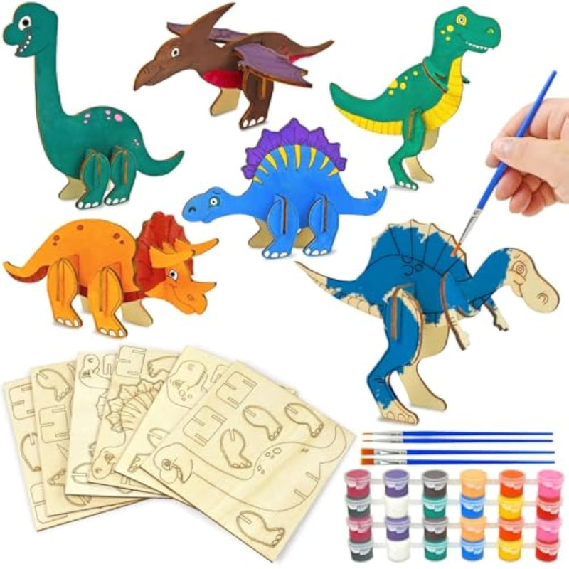 Dinosaur Wooden Painting Kit for Kids Ages 4-8, Includes Paints and Brushes