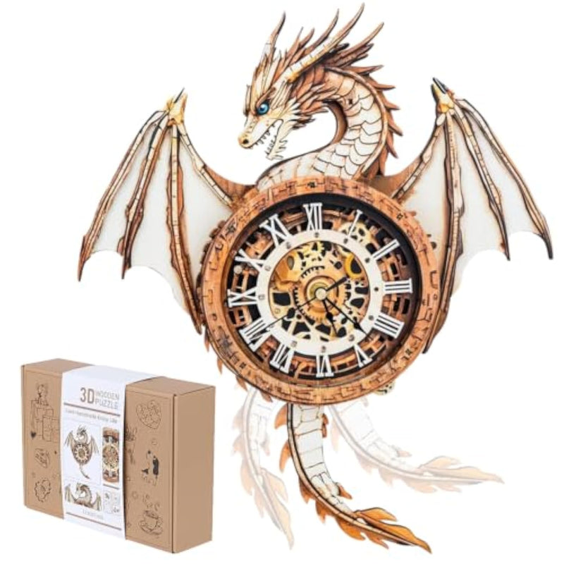 3D Wooden Dragon Wall Clock Puzzle Kit for Adults, DIY Home Decor Craft