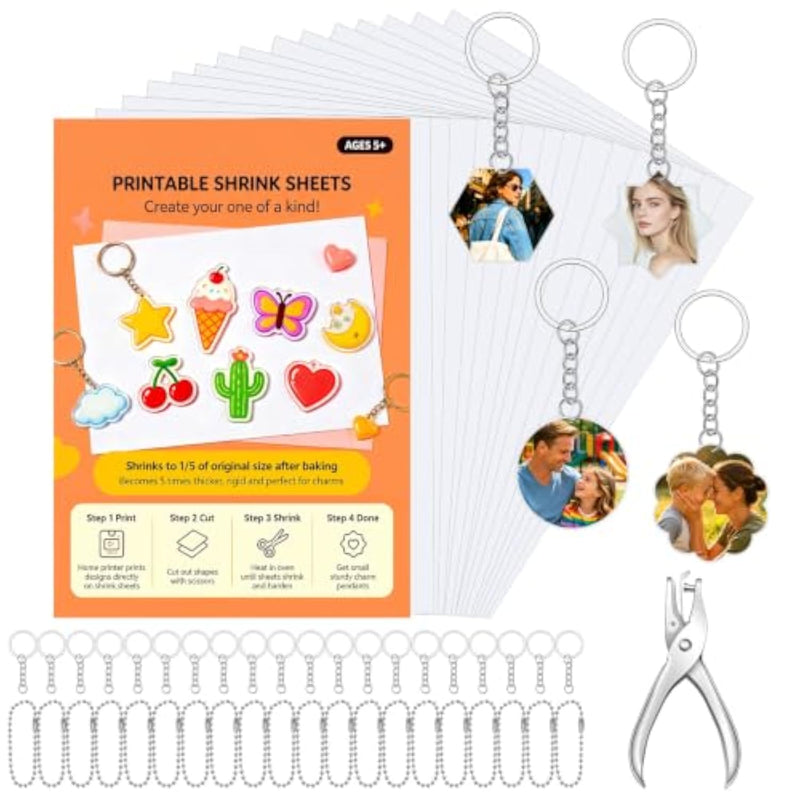 20 Pcs Printable Shrink Sheets Set with Hole Punch Rings Chains for DIY Crafts