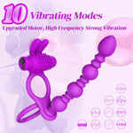 Vibrating Cock Ring With Anal Beads And Bullet Vibrator - 10 Strong Modes - Penis Ring Adult Sex Toys For Men And Women Provides Clitoral, G Spot, And Butt Plug Stimulation For Couples