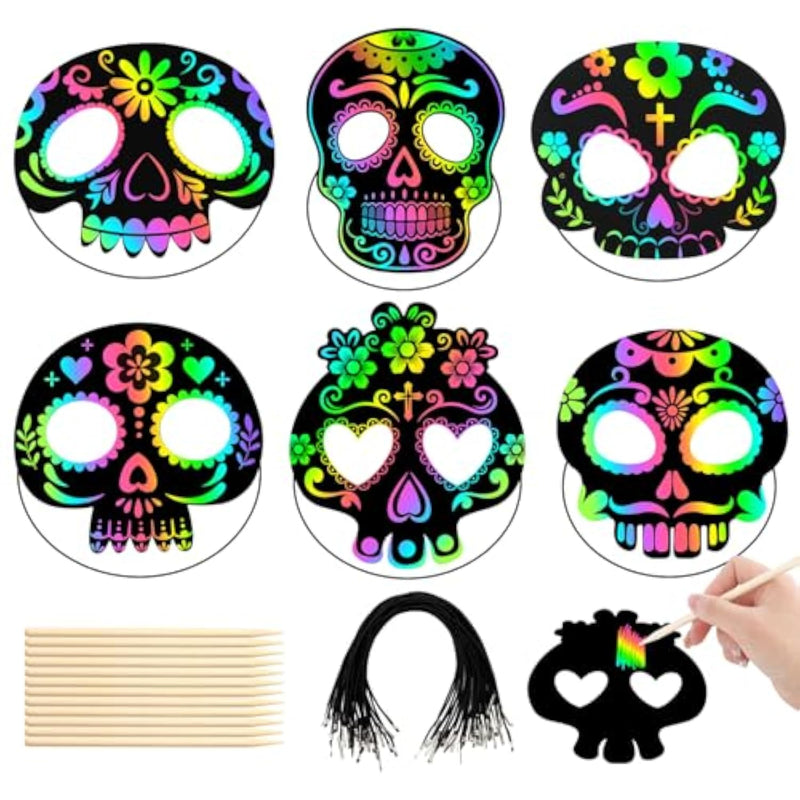 Day of the Dead Scratch Art Masks, 30 Pieces for Crafts and Parties
