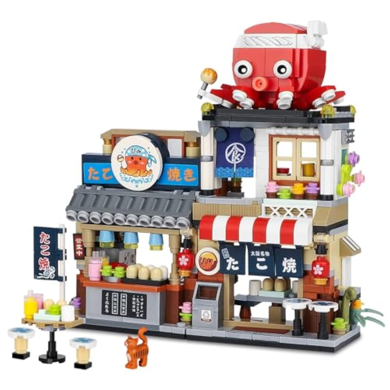 Japanese Street View Takoyaki Shop Mini Building Blocks, Moc Creative Japanese Toys For Girls 6-12 Years Old, 722 Pcs Simulation Architecture Construction Toy, Gift Idea For Kids Adults