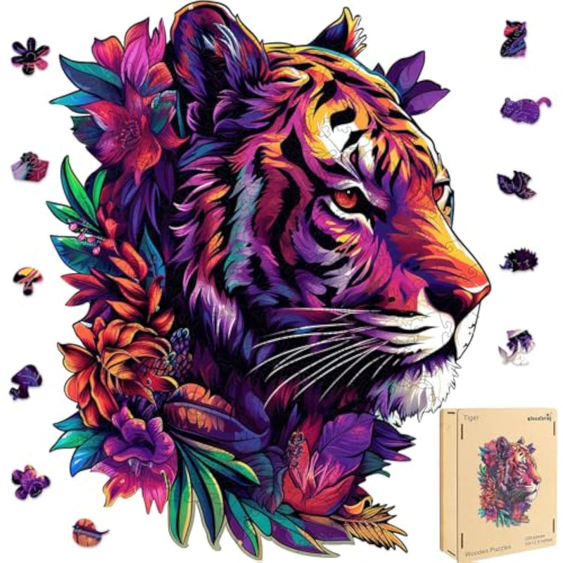 Wooden Puzzles For Adults 500 Pieces, Tiger Flower Jigsaw Puzzles, Home Decor, Fsc Certified Royal Unique Shape Animal Adult Puzzles, Best Gift For Family Game 13.8X17.4 In