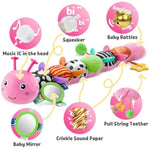 Baby Toys Musical Caterpillar,Infant Toys Stuffed Animals With Ruler Design,Mirror,Pull String&Ring Bell,Baby Teething Toys For Tummy Time Toy Newborn Gifts 3 6 12 Months(Pink,Leafy Limb)