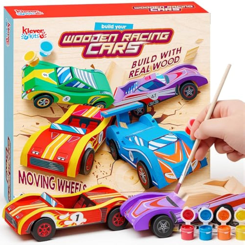 4 Piece DIY Wooden Race Car Kit for Kids - Build and Paint Your Own Wood Craft Toy