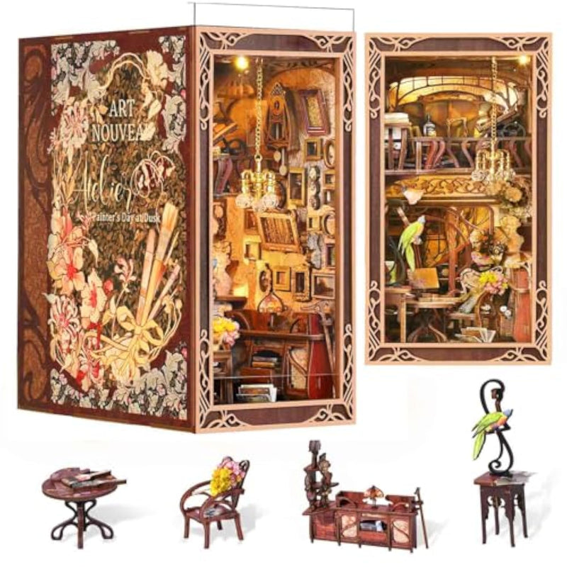 Miniature Book Nook DIY Kit with LED Lighting, Art Nouveau Style