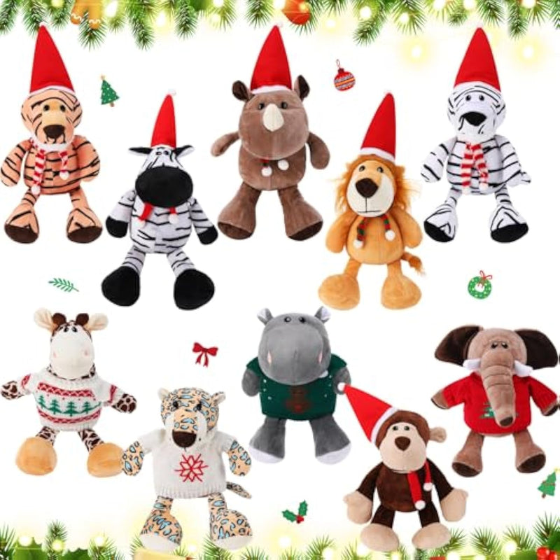 10 Pcs Christmas Stuffed Animal 10 Inch Plush Safari Jungle Stuffed Animals With Xmas Hats For Kids Elephant Giraffe Lion Tiger Monkey Rhinoceros Zebra Leopard Hippo Party Decorations