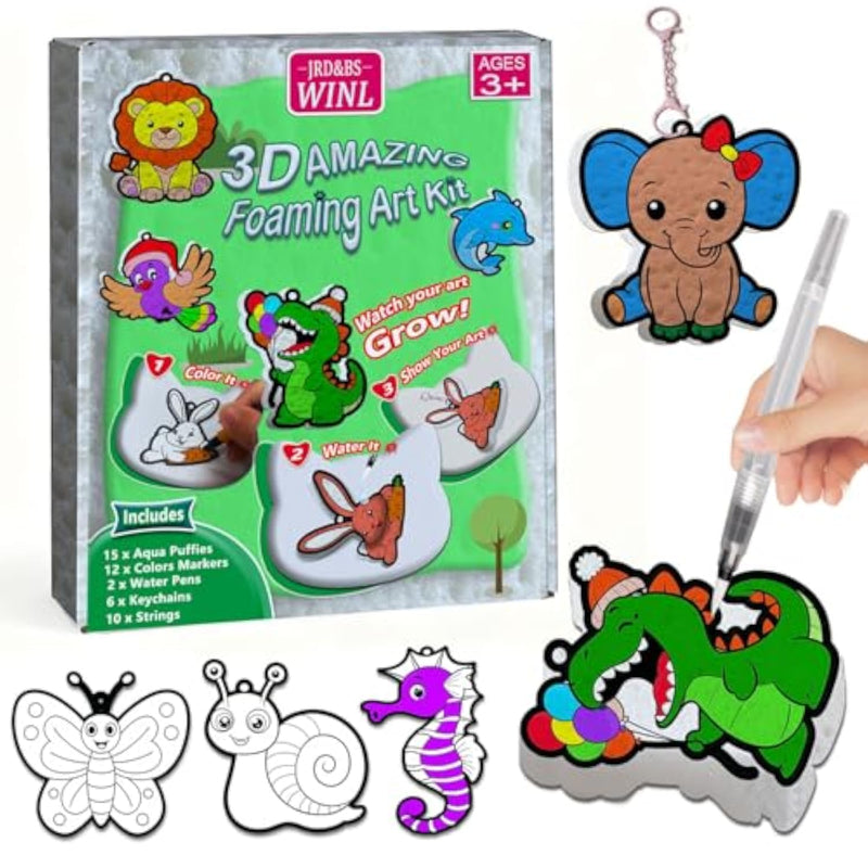 Aqua Puffs 3D Animal Art Kit for Kids, 15 Paint-by-Number Color & Inflate Crafts