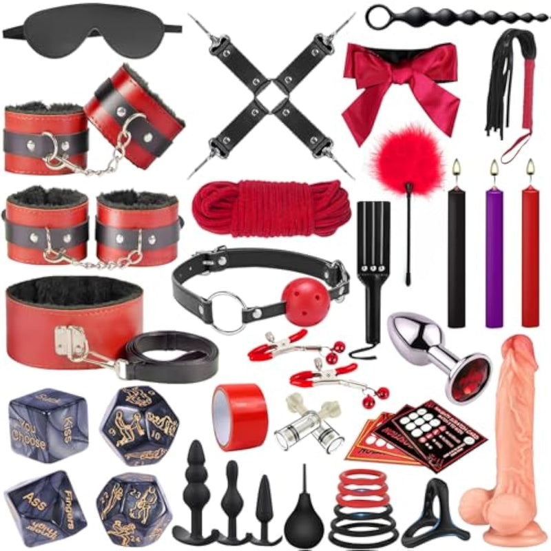 Sex Toys Bdsm Restraints Dildo, 36Pcs Kit Bondage Gear And Accessories For Adult Women And Couples (Red)