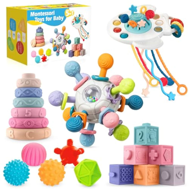 0-3-6-12 Months Baby Toys, 5 In 1 Montessori Toys For Babies, Teething Toy & Stacking Building Block & Ring & Silicone Pull String, Sensory Development Baby Infant Toy, Gift For Babies