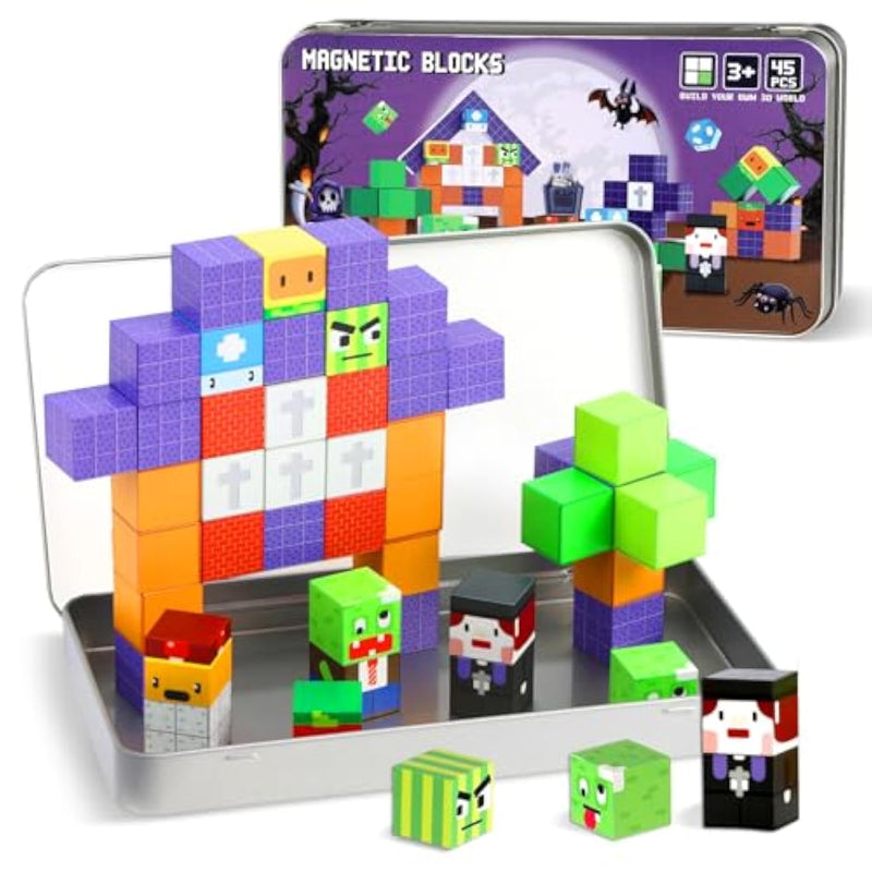 45Pcs Mini Magnetic Building Blocks Travel Set, Stem Sensory Educational Cubes Tiles With Iron Box, Christmas Learning Gifts For Toddlers, Boys & Girls Ages 3-8 (Zombies)