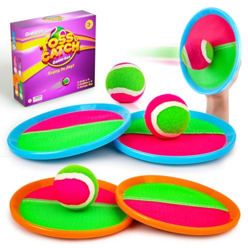 Kids Outdoor Toys - Toss And Catch Game Set, Outside Yard Camping Beach Pool Toys Games For Boys Girls 3 4 5 6 7 8 9 10 Year Old, 4 Paddles 4 Balls (Blue+Orange)