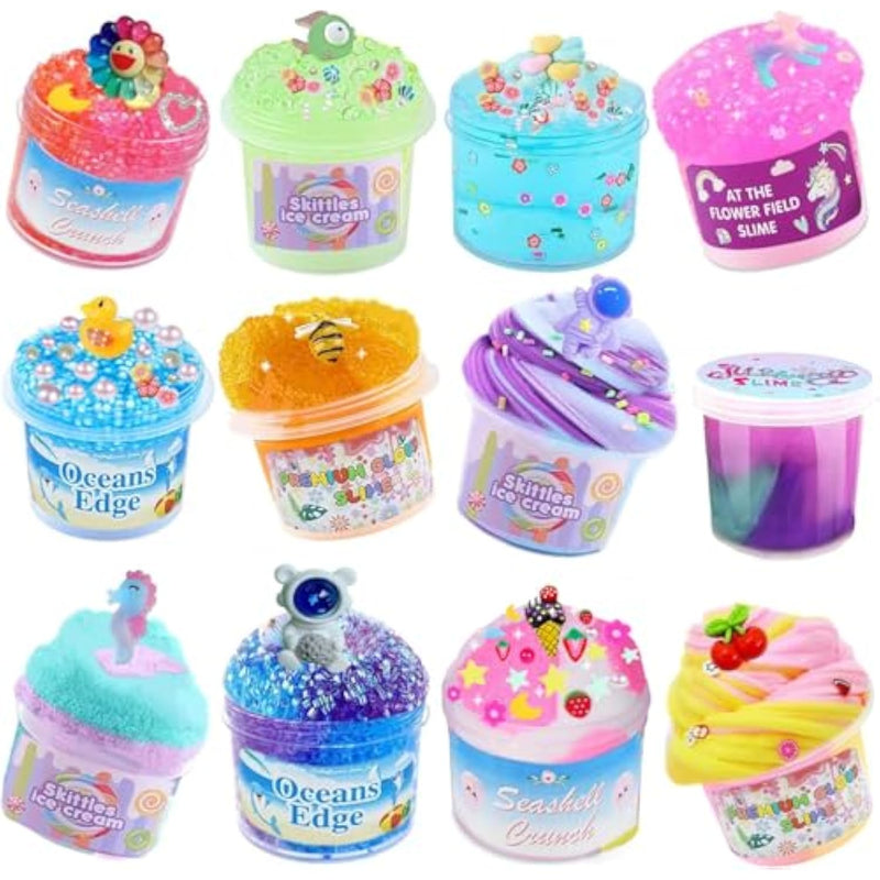 Crunchy Slime Set 12 Packed For Kids,Super Soft And Non-Sticky Stress Relief Clear Slime Kit Toy,Diy Butter Slime Party Favor For Girls & Boys Goodie Bags Stuffers