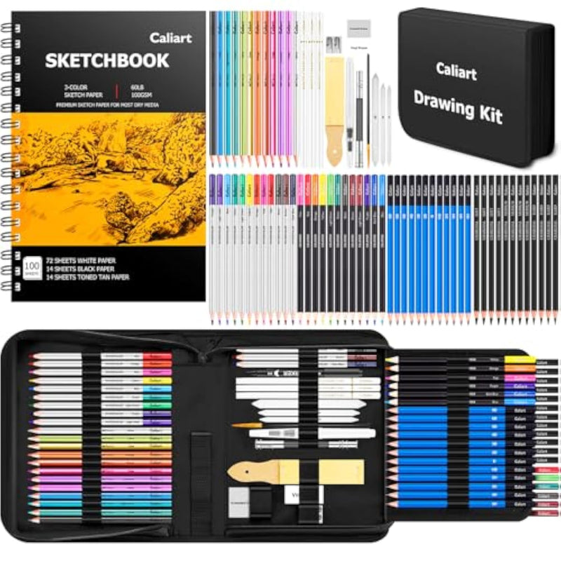 176 Pcs Art Supplies Sketching Kit with 100-Sheet 3-Color Sketchbook