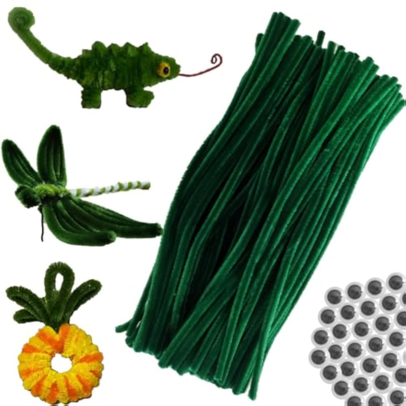100Pcs Green Chenille Stems Pipe Cleaners for DIY Art and Crafts with Googly Eyes, 12inch x 6mm