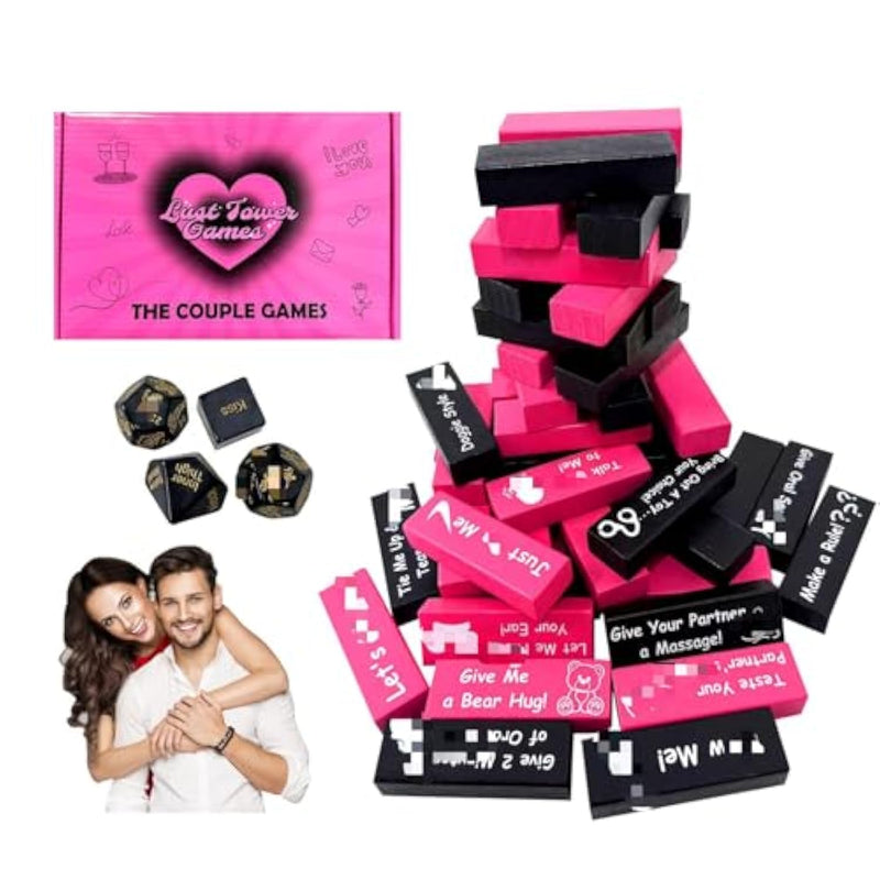 Lust Tower Game- 48Pcs Super Naughty Block Tower Game For Couples Adults And Four Dice, Valentine Tumbling Tower Stacking Blocks?Wooden Date Night Party Games (4 Dice)