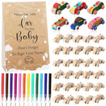 Baby Shower Car Activity Kit with 45 Wooden Cars, 12 Markers & Display Sign