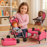 3 Piece Baby Doll Play Set – Polka-Dot Design Pack N Play, Foldable Doll Stroller, High Chair – Fits 18 Inch Dolls – Pretend Play Doll Nursery Accessories Set